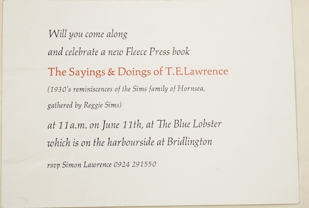 Sims, R. G. - The Sayings & Doings of T.E. Lawrence. Edited by Dr. Leo John de Freitas; with an introduction by John Sims and Notes by A.J. Flavell. Limited Edition (of 300 copies), this one inscribed beneath the limitat